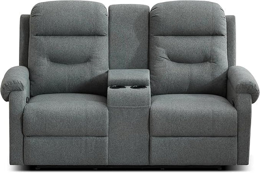 DRMBOOK RV Loveseat Recliner Sofa with Console, Linen Fabric Double Wall Hugger Reclining Couch Manual Home Movie Seating 2 Person Recliner Chair with Cup Holders/Storage/Pocket/Lumbar Pillow, Grey