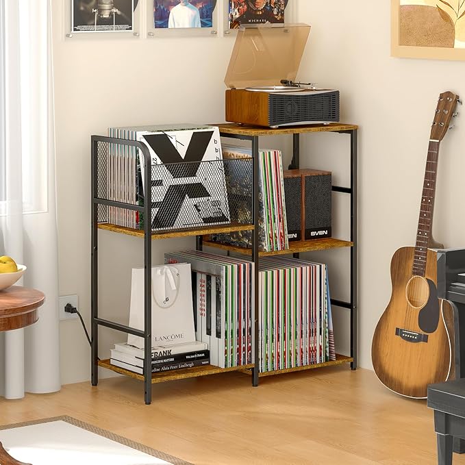 Record Player Stand with Power Outlets, Turntable Stand with Vinyl Storage Holds up to 300+ Albums, Storage Cabinet for Vinyl Records, Record Player Table with LED Light for Living Room
