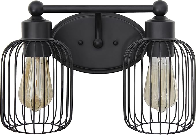 Elegant Designs VT1021-BLK 14" Industrial Farmhouse 2 Light Metal Birdcage Decorative Wall Mounted Vanity Fixture with Matching Metal Oval Backplate Vanity, Black