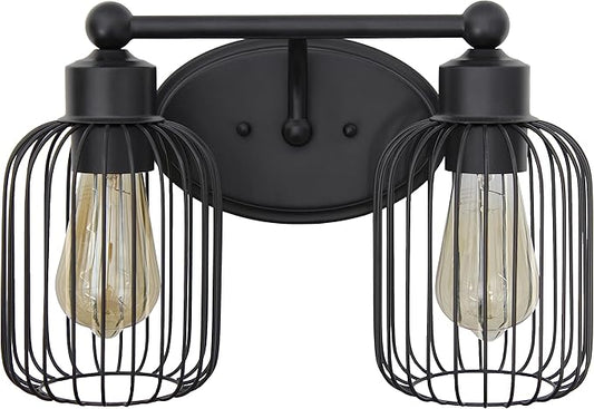 Elegant Designs VT1021-BLK 14" Industrial Farmhouse 2 Light Metal Birdcage Decorative Wall Mounted Vanity Fixture with Matching Metal Oval Backplate Vanity, Black