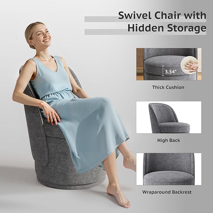 Swivel Accent Chair Set of 2, 360° Swivel Round Chair with Hidden Storage, Modern Small Barrel Armchair for Living Room/Bedroom, Darkgrey