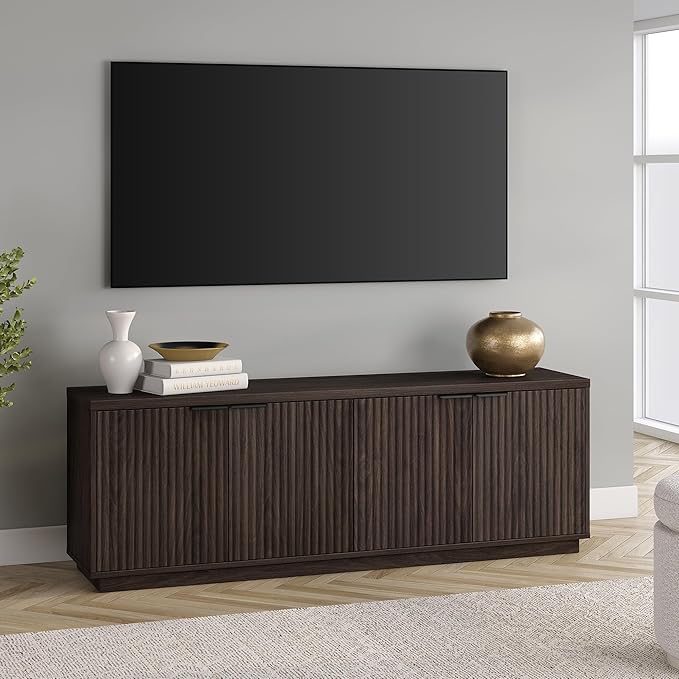 Henn&Hart Fluted TV Stand for TVs up to 78" with 2 Ribbed Storage Cabinets and Adjustable Shelves for Living Room, Family Room, or Office, Warm Brown