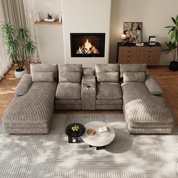 133" Oversized U Shaped Cloud Couch Modular Sectional Couches for Living Room Comfy Corduroy Deep Seat Sofa Set with Double Chaise Lounge, Storage Central Console, Cup Holders, USB Port, Brown