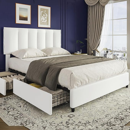 VECELO Queen Size Bed Frame with 4 Storage Drawers, Adjustable Height Headboard, Heavy-Duty Platform Bedframe with Strong Wooden Slats, No Box Spring Needed, Pure White