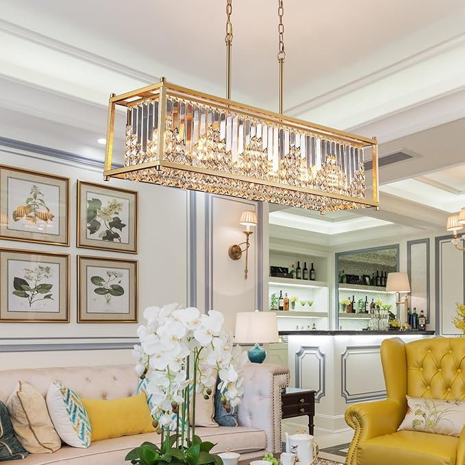 Q&S Modern Rectangular Crystal Chandelier,Gold Rectangle Chandeliers for Dining Room Luxury 6 Lights for Kitchen Island Bar Living Room Pool Table Hotel Office Restaurant L37.5 UL Listed