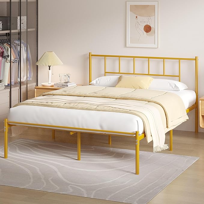 VECELO Queen Metal Platform Bed Frame with Headboard, Heavy Duty Steel Slat Support, Under Bed Storage,No Box Spring Needed, Easy Assembly
