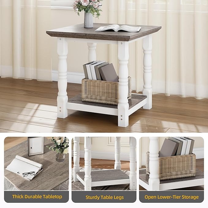 DWVO Farmhouse Square Coffee Table, Antique Accent Side Table with Floor Shelf, 23.6"x 23.6" Living Room Furniture, Vintage Ivory & White
