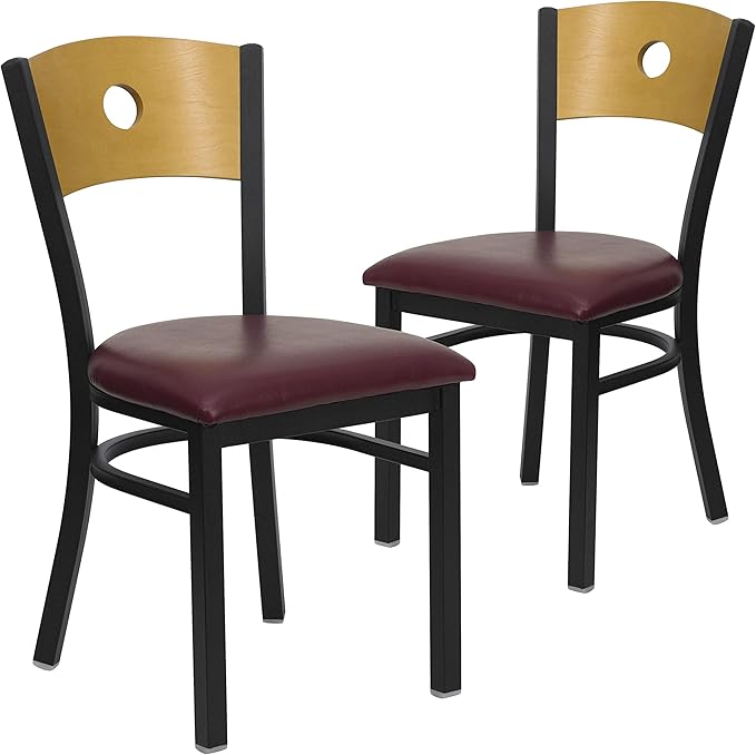 Flash Furniture 2 Pk. HERCULES Series Black Circle Back Metal Restaurant Chair - Natural Wood Back, Burgundy Vinyl Seat