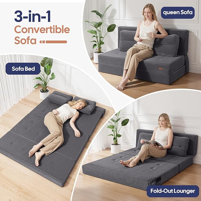 COMAX Folding Sofa Bed, Foldable Couch for Bedroom, Convertible Floor Sleeper Futon Chair Foam, Corduroy 3 in 1 Fold Out Chair Portable Comfy Lounge Couch Sofa Bed for Small Space, Full, Grey