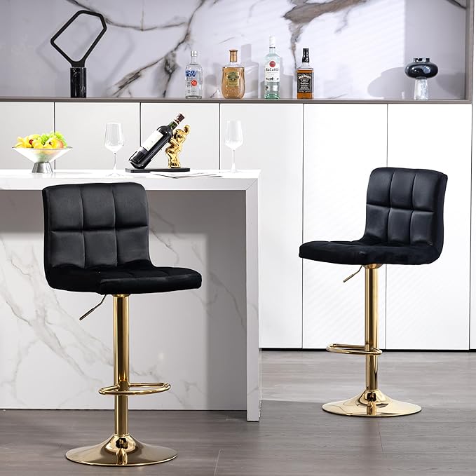 Finnhomy Gold Bar Stools Set of 2 Velvet Fabric, Swivel Barstools with Footrest and L Shape Thicken Cushion Back, Adjustable Armless Upholstered Modern Bar Chairs for Kitchen Island, Black