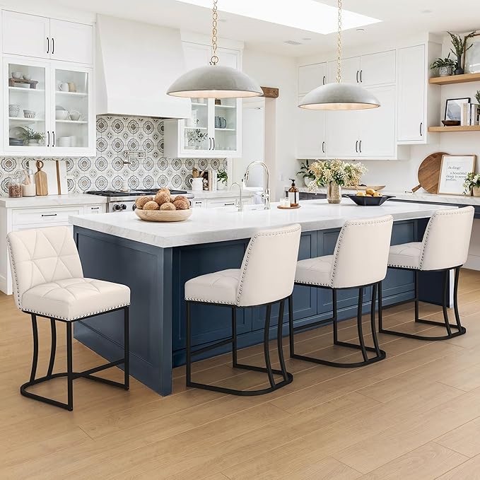 LUE BONA 24" Bar Stools Set of 4, Counter Height Bar Stools with 5.5" Thick Cushion, Upholstered Linen Fabric Barstools with Metal Frames for Kitchen Island, Dining Room, Beige