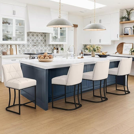 LUE BONA 24" Bar Stools Set of 4, Counter Height Bar Stools with 5.5" Thick Cushion, Upholstered Linen Fabric Barstools with Metal Frames for Kitchen Island, Dining Room, Beige