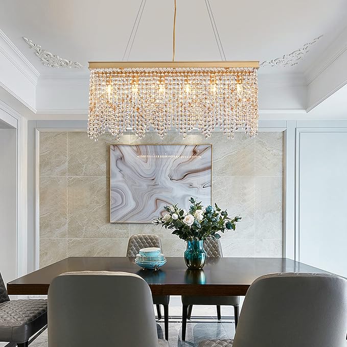 Q&S Gold Chandeliers Luxury Modern Crystal Chandelier Light Fixtures for Dining Room Kitchen Island Living Room L30 6-Lights UL Listed