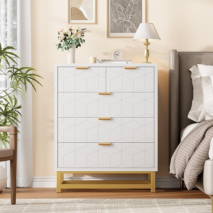 GAOMON White 5 Drawer Dresser for Bedroom, Chest of Drawers with Metal Base, Modern Dresser Chest Cabinet Organizer for Living Room, Hallway, Closet