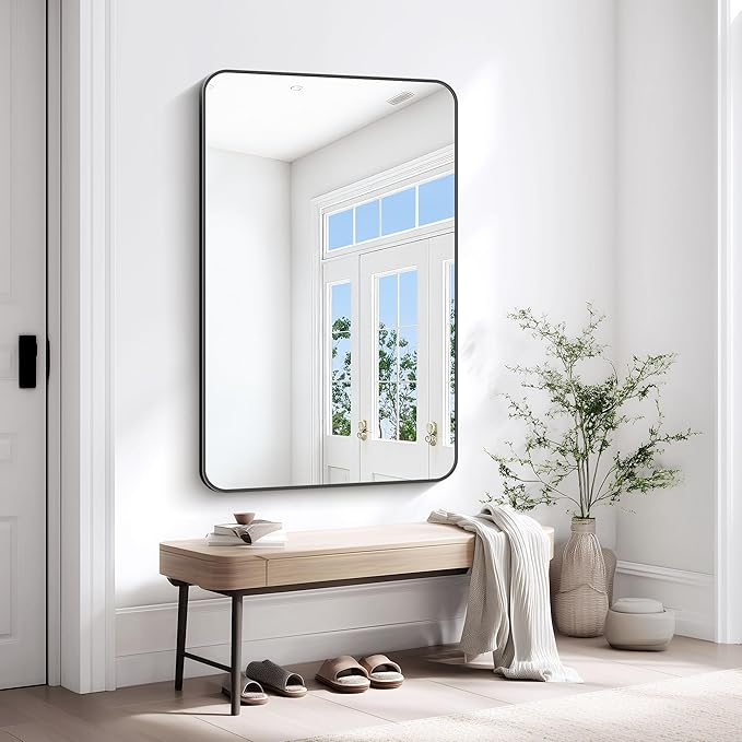 KOCUUY Black Bathroom Vanity Mirror, 30 x 48 inch Metal Frame Mirror with Rounded Corner, Rectangle Design of Upgraded Shatterproof Glass for Bathroom, Bedroom, Living Room, Entryway
