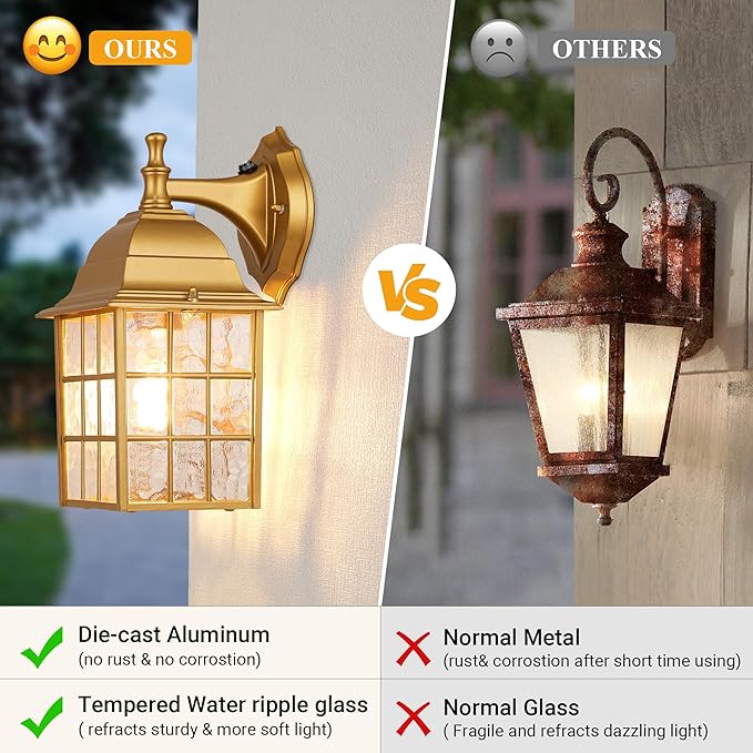 2-Pack Outdoor Porch Light Fixtures With Photocell Sensor, Dusk to Dawn Exterior Wall Mount, Outside Lights for House, Gold Lighting, Wall Lantern Sconce for Garage, Door