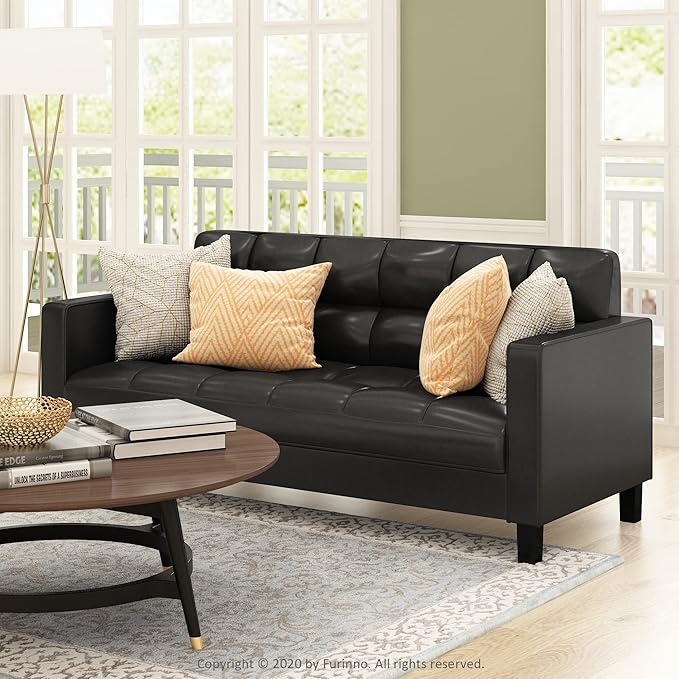Furinno BRIVE Loveseat Sofa, Tufted Leather Upholstered 3-Seater 75" Wide Couch, Wood Frame, Easy Assembly, for Living Room, Bedroom, Plain Black Leather