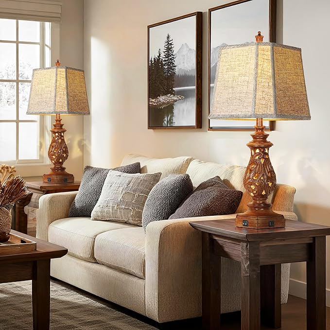 PARTPHONER 29" Table Lamps Set of 2, Bedside Lamps with USB A+C Ports & Night Light, Farmhouse Nightstand Lamps with Linen Fabric Shades for Bedroom Living Room, Wood Grain (LED Bulbs Included)