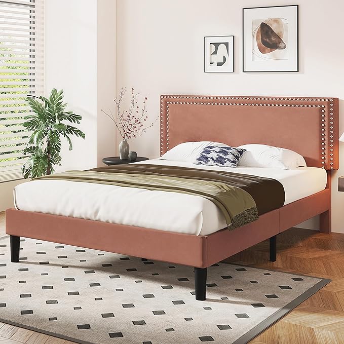 VECELO Full Size Bed Frame with Adjustable Upholstered Headboard, Wooden Slats Platform, Noise-Free Design, Easy Assembly