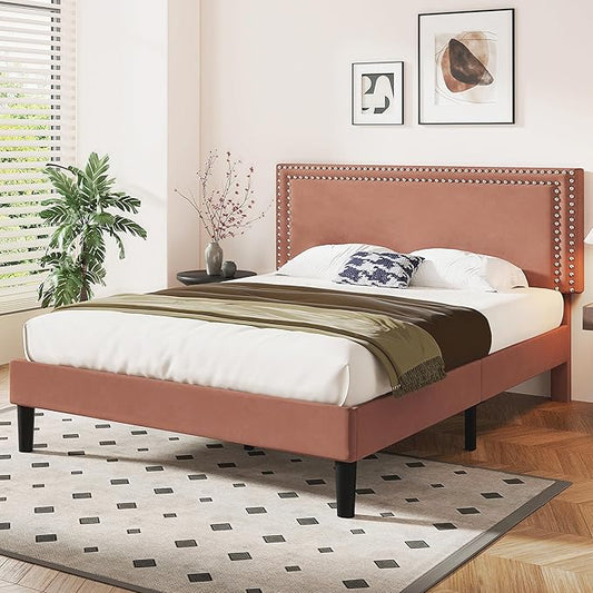 VECELO Full Size Bed Frame with Adjustable Upholstered Headboard, Wooden Slats Platform, Noise-Free Design, Easy Assembly