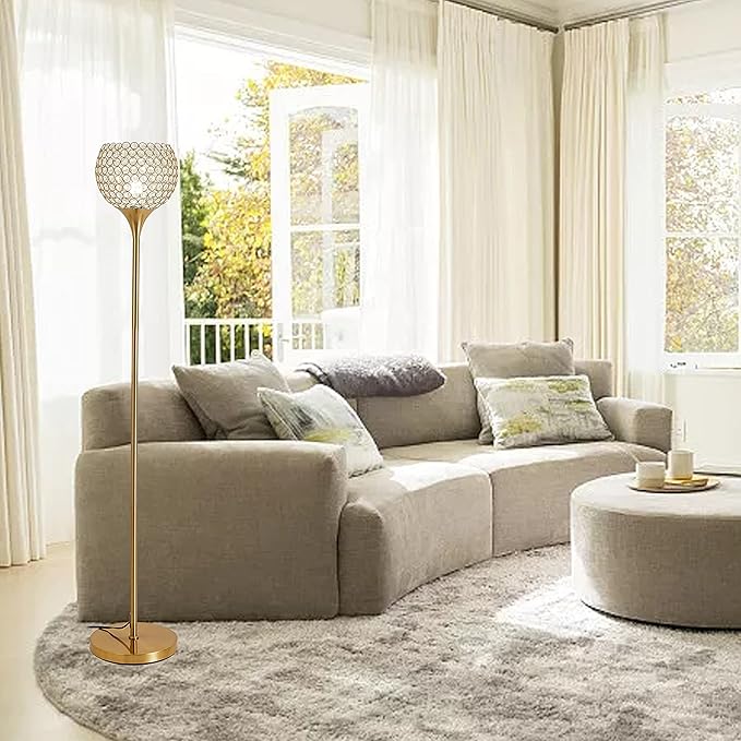 Spherical Crystal Floor Lamp, Gold 8.7 in Shade Elegant Standing Light with Crystal lamp Shade, Modern 61 in Tall Pole Lighting for Living Room, Bedroom, Office, E26 Base, LED Bulb Included