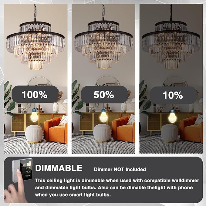 Black Modern Crystal Chandelier Pendant Ceiling Lights Chandeliers Lighting Fixture for Dining Living Room Foyer Hallway 13-Lights (Dia 24 Inch)
