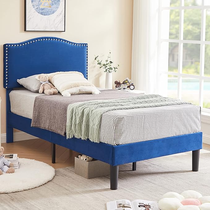 VECELO Twin Bed Frame, Platform Bed Frame with Adjustable Height Upholstered Headboard, Heavy-Duty Frame and Strong Wooden Slats Support, Non-Slip and Noise-Free, Easy Assembly, Dark Blue
