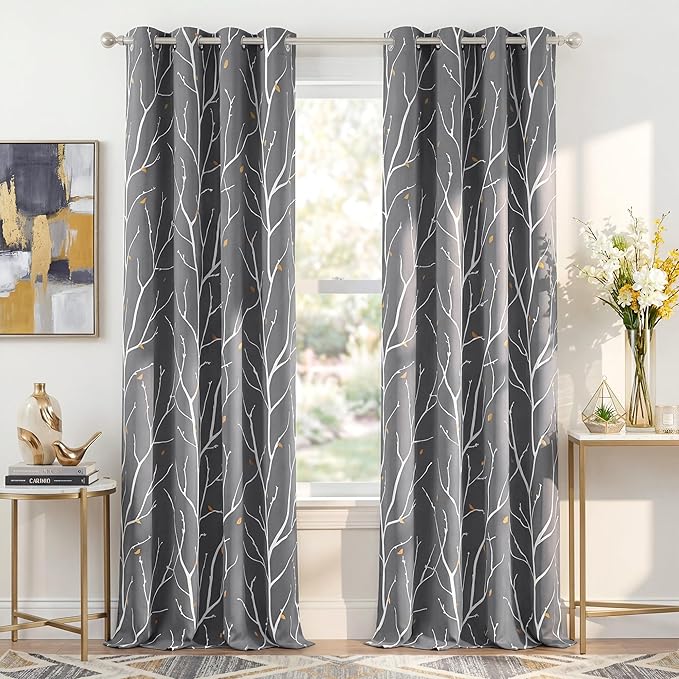 NICETOWN Room Darkening Ceiling to Floor Curtains, Decorative Modern Aesthetic Branches with Petals Triple Weave Material Thermal Insulated for Villa/Cottage, Grey, W52 x L95, 2 PCs