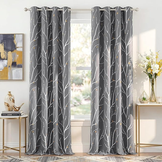 NICETOWN Room Darkening Ceiling to Floor Curtains, Decorative Modern Aesthetic Branches with Petals Triple Weave Material Thermal Insulated for Villa/Cottage, Grey, W52 x L95, 2 PCs