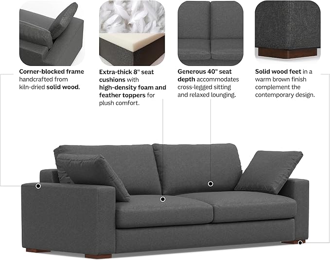 SIMPLIHOME Charlie Sofa in 100% Recycled Polyester Tightly Woven Performance Fabric, Pebble Grey, 96-inches Wide, Handcrafted Contemporary Style Sofa for Living Room or Couch for Family Room