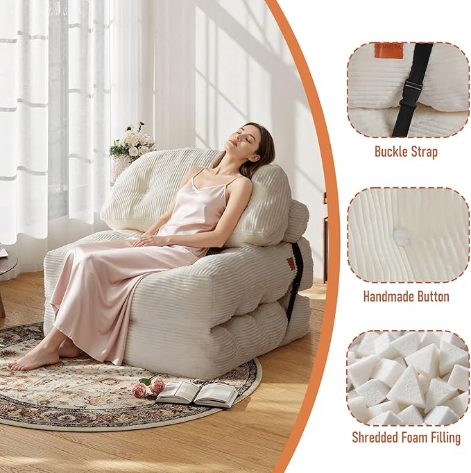 Folding Sofa Bed, Convertible Chair Bed with Back Support and Pillow Futon,Foldable Boneless Chair for Living Room/Guest Use/Home Office, Foldable Couch for Adults, Beige