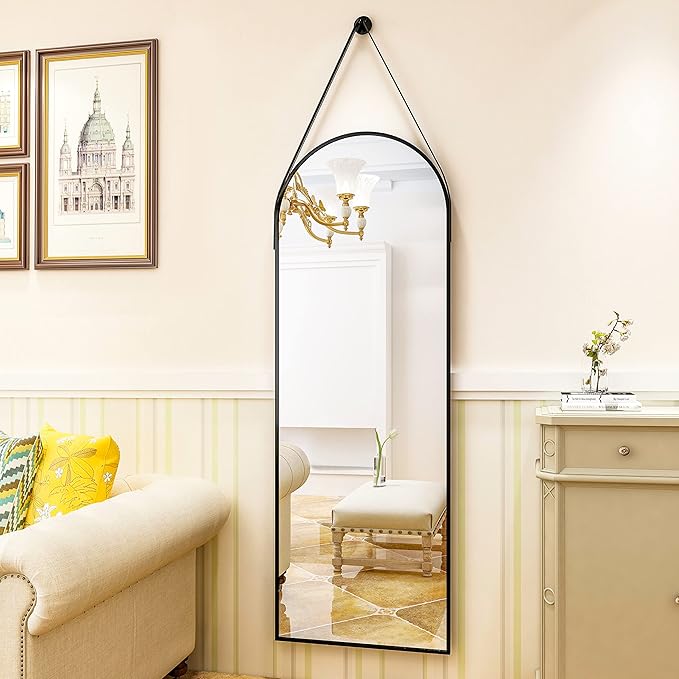 HARRITPURE 16"x48"Arched Mirror with Hanging Leather Strap Full Length Mirror Aluminum Frame Wall-Mounted Arch Hanging Mirrors for Bathroom Vanity Living Room Bedroom Entryway Decor