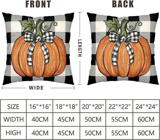 Fall Outdoor Throw Pillow Covers 20x20 Set of 2 Orange Pumpkin Maple Leaves Buffalo Plaid Autumn Decorative Pillow Cases Farmhouse Thanksgiving Cushion Cases for Couch Sofa