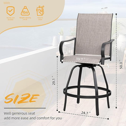 Shintenchi 2 Piece Patio Swivel Bar Chairs, All Weather Textile Outdoor Metal Bar Stools Patio Chairs Set of 2 with High Back, High Top Bistro Set Furniture for Balcony, Backyard, Garden, Deck, Taupe