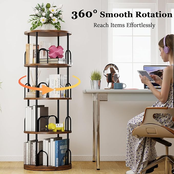 4 Tier Rotating Bookshelf, 360 ° Display Corner Book Shelf, Stackable Spinning Bookshelf Tower, Narrow Tall Revolving Bookcase, Round Swivel Storage Organizer (Black, 4 Tiers)