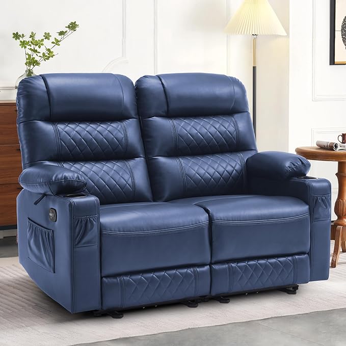 MCombo 56.3" Zero Gravity Power Loveseat Recliner with Heat and Vibration Massage, Reclining Loveseat Sofa with USB Ports, Cup Holders for Living Room, Faux Leather PR622Sets (Navy Blue)