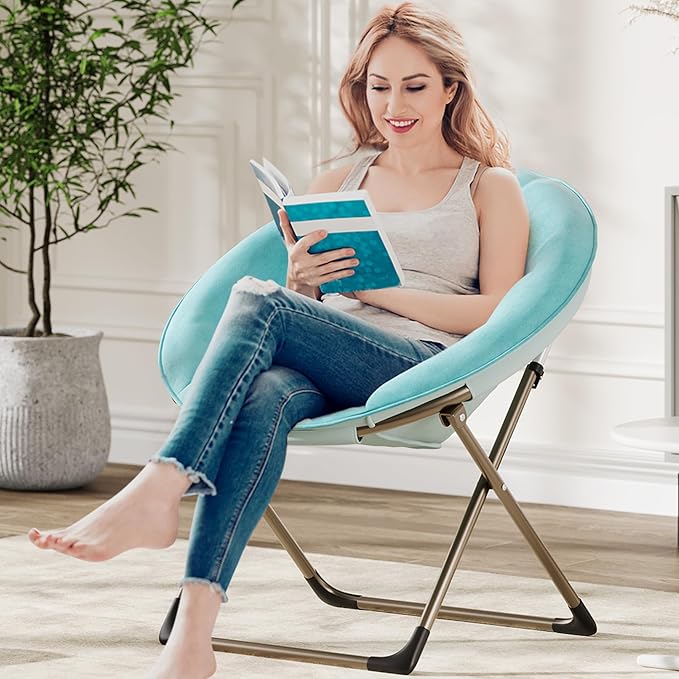 GAOMON Saucer Chair, Comfy Chair Faux Fur Lounge Moon Chair with Folding Metal Frame, Oversized Plush Flower Accent Seat for Adults, Teens & Kids, for Teens, Bedroom, Dorm or Living Room, Blue