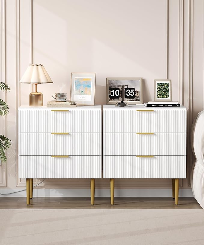 3 Drawer Nightstand with Charging Station, 23.2" W Large Fluted Night Stand, Modern Bedside Table with USB Ports and Outlets, for Bedroom, White and Gold