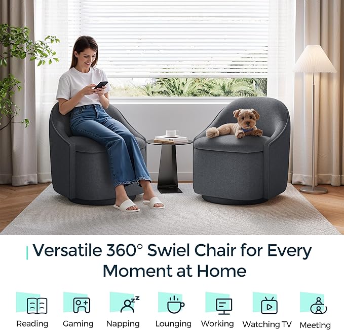 LINSY Swivel Accent Chair Set of 2, Comfy Chenille Barrel Chairs with Storage 360 Swivel Modern Armchair for Living Room Bedroom, Small Boucle Reading Chair for Study Room (Grey)