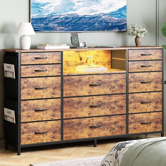 HCHQHS Dresser for Bedroom with 13 Drawers, 47 Inch Fabric Dresser with Remote Control Lights, Side Pockets & Hooks for Closet or Large TV Stand (Rustic Brown)