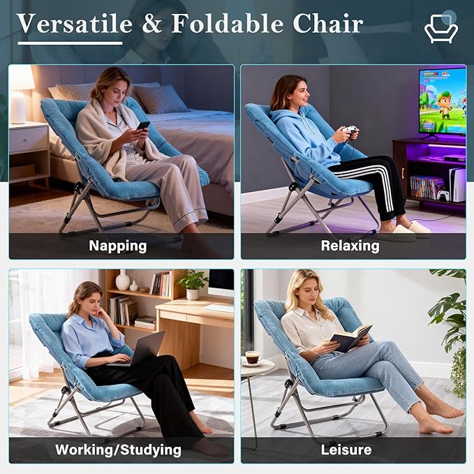 Saucer Chair, Comfy Bedroom Chairs, Oversized Folding Faux Fur Chair, Foldable Metal Frame Chair for Bedroom, Living Room, Balcony, Patio (Blue)