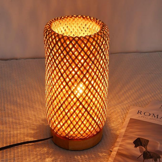 Arturesthome Bamboo Desk Light Woven Boho Beside Lamp Vintage Wicker Wooden Nightstand Lamp for Living Room,Kids Room,Nursery Room Decor