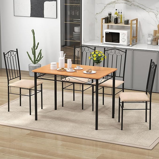 NAFORT 5-Piece Vintage Rectangular Table Set for 4, 4 Padded Chairs w/Metal Frame Wood Tabletop for Home Kitchen Dining Room Furniture Set for 4, Natural