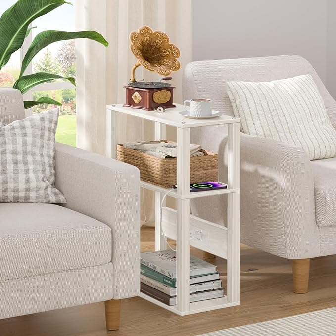 3-Tier Small Narrow Wood Side Table with Charging Station, Skinny Nightstand for Small Space, Slim Bedside Table with Storage for Couch, Thin End Table with USB Ports and Outlets, Grey White