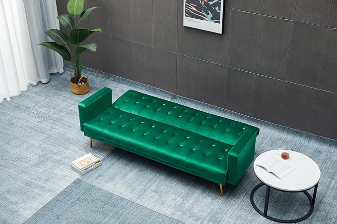 Eafurn Convertible Futon Sofa Bed, 75″Velvet Fabric Futons Loveseat Couch with Adjustable Backrest, Folding Sleeper Recliner Daybed for Living Room Furniture | Golden Legs, Wood Frame