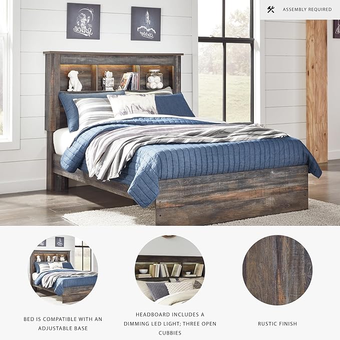Signature Design by Ashley Drystan Rustic Full Bookcase Bed with Open Cubbies and LED Lights, Foundation or Box Spring Needed, Dark Brown & Gray