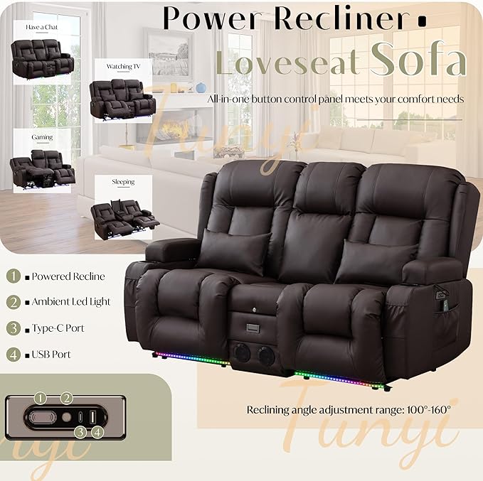 TUNYI Power Loveseat Recliner Sofa, Faux Leather Reclining Sofa with Console RV Reclining Loveseat Couch with USB/Outlet/Storage/Side Pocket/LED Light/Speaker (Brown, Loveseat)