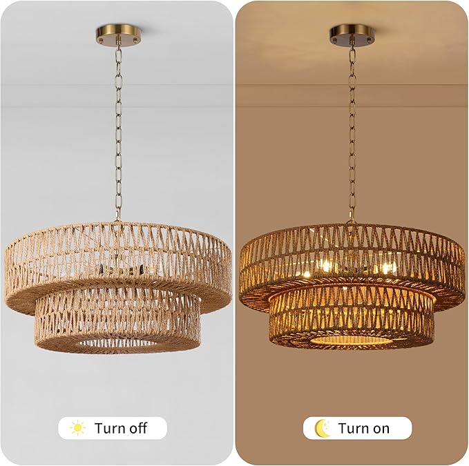 LamQee 22 Inch Farmhouse Rattan Chandeliers, 5 Lights Boho Chandelier Light Fixture with Hand Woven Wicker Shade, Large Rattan Pendant Lights Ceiling Hanging Lighting for Dining Room Kitchen Island