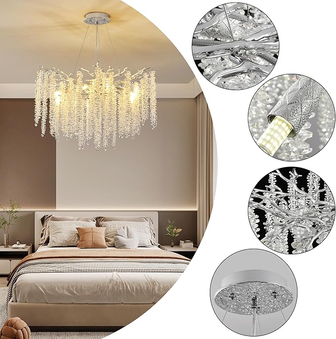 Modern Crystal Tree Branch Chandelier, Chrome Round Art Deco Raindrop Lighting Fixture for Dining Room Bedroom Foyer 6 Lights D18''