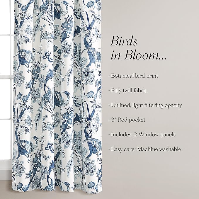 Lush Decor Dolores Light Filtering Window Panels, Pair, 52" W x 63" L, Blue - Floral Curtains for Bedroom - Vintage Curtains - Coquette Room Decor